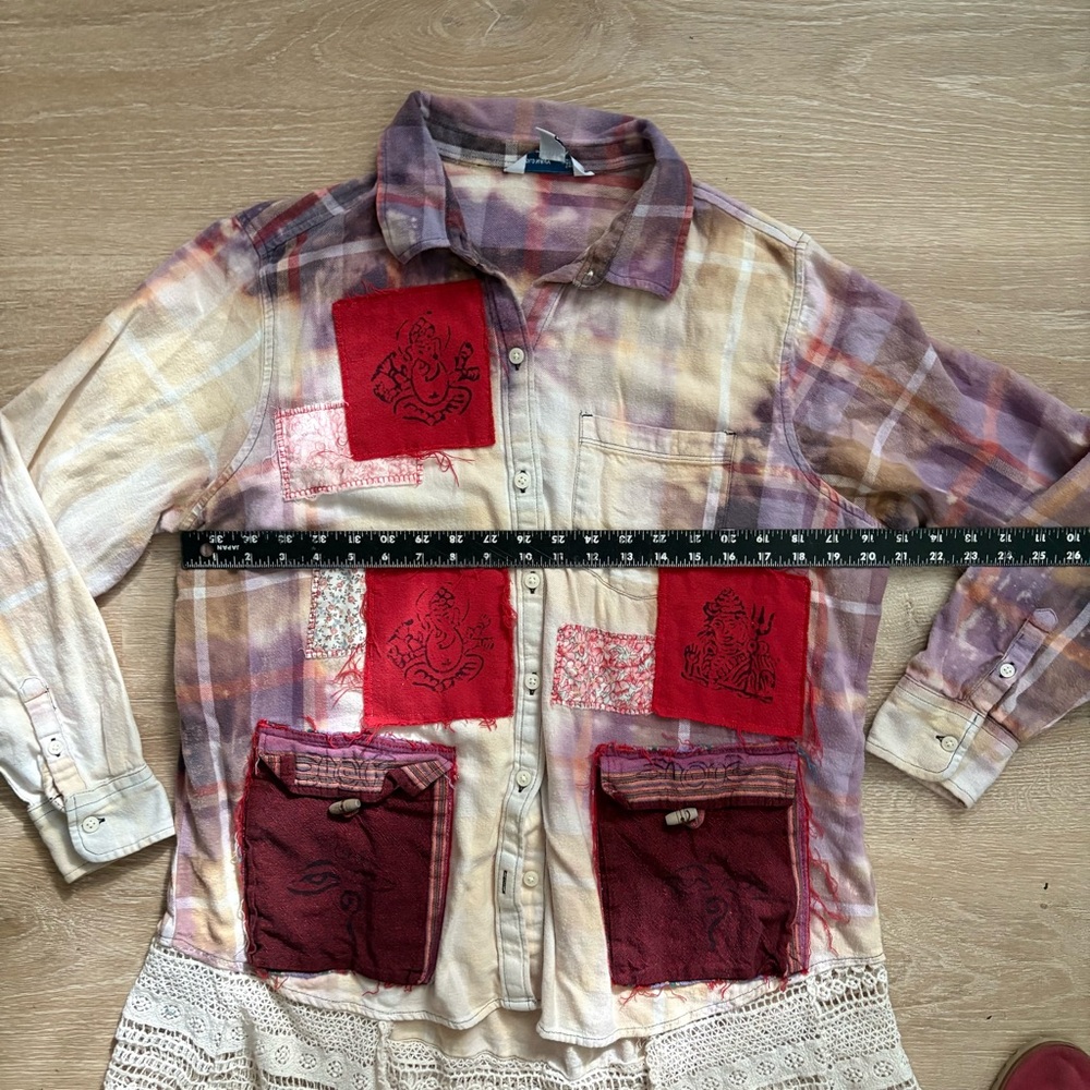 Grateful Dead Upcycled Bleach Distressed Flannel with Crochet Hem - Picture 11 of 15